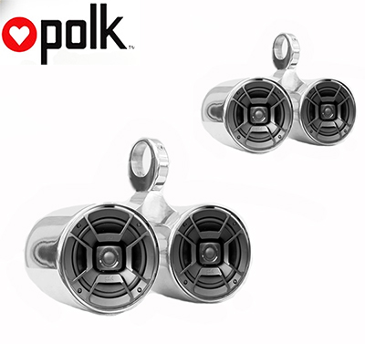 Pair of Twin Polished Bullet Speaker Pod Polk DB652 300Watt Marine Speaker Installed